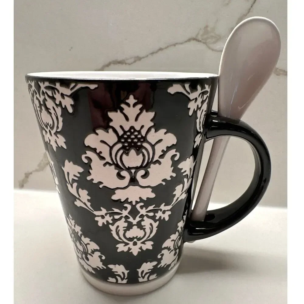 Pier 1 One Imports Black White Damask Coffee Mug With Spoon
